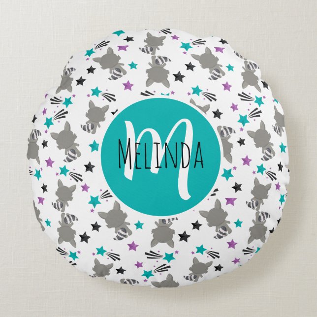 Cute Raccoon Mönster Rund Kudde (Framsidan)