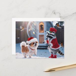 Cute Raccoon och en Cute Hund God jul Vykort