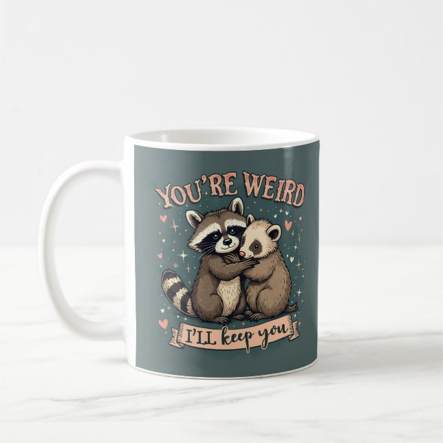 Cute Raccoon och Ferret Hug med Funny Quote Kaffemugg (Vänster)