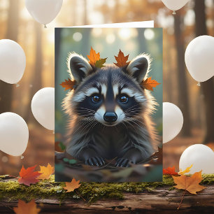 Cute Raccoon och Höst löv födelsedag Kort