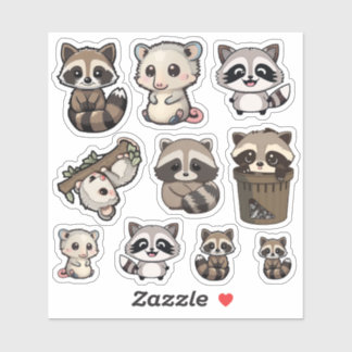 Cute Raccoon och Opossum Sticker Lakan, Adsible Klistermärken