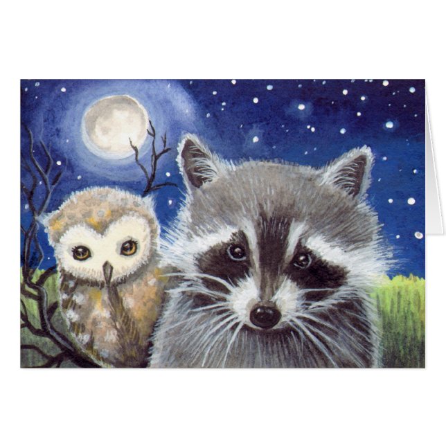 Cute Raccoon och Uggla Fantasy Art Hälsningskort (Framsidan Horizontal)