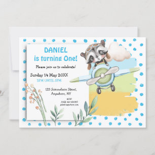 Cute Raccoon Pilot Blue Dots Första Födelsedagsfes Inbjudningar