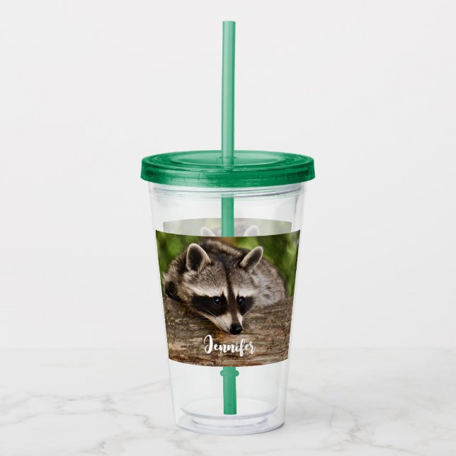 Cute Raccoon Resten på en logg Take Away Mugg (Framsida)