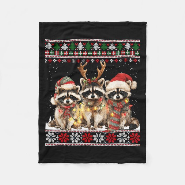 Cute Raccoon Santa Christmas Lights Ugly Xmas Swea Fleecefilt (Framsidan)
