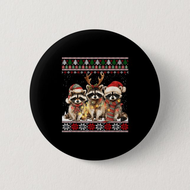 Cute Raccoon Santa Christmas Lights Ugly Xmas Swea Knapp (Framsida)
