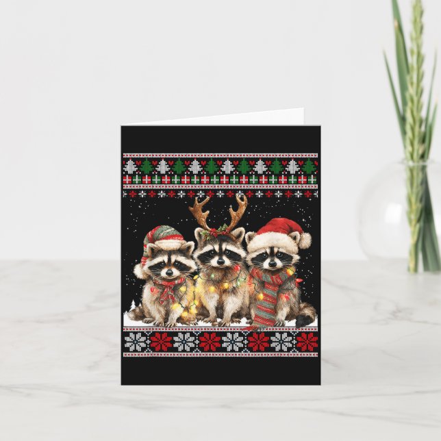 Cute Raccoon Santa Christmas Lights Ugly Xmas Swea Kort (Framsida)