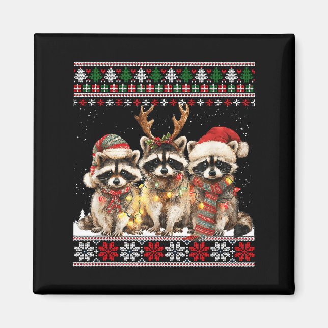 Cute Raccoon Santa Christmas Lights Ugly Xmas Swea Magnet (Framsidan)