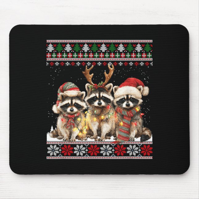 Cute Raccoon Santa Christmas Lights Ugly Xmas Swea Musmatta (Framsidan)