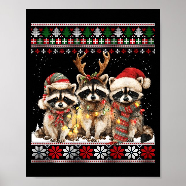 Cute Raccoon Santa Christmas Lights Ugly Xmas Swea Poster (Framsidan)