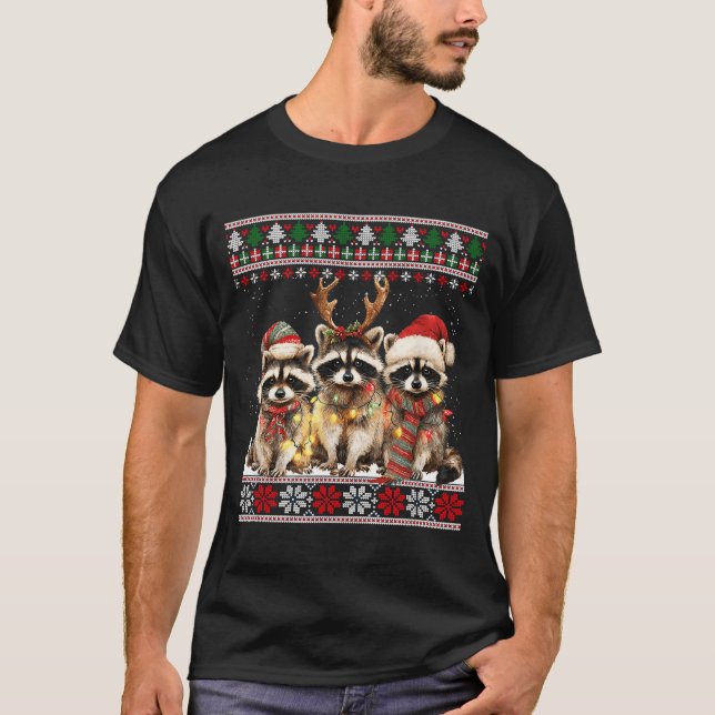 Cute Raccoon Santa Christmas Lights Ugly Xmas Swea T Shirt (Framsida)