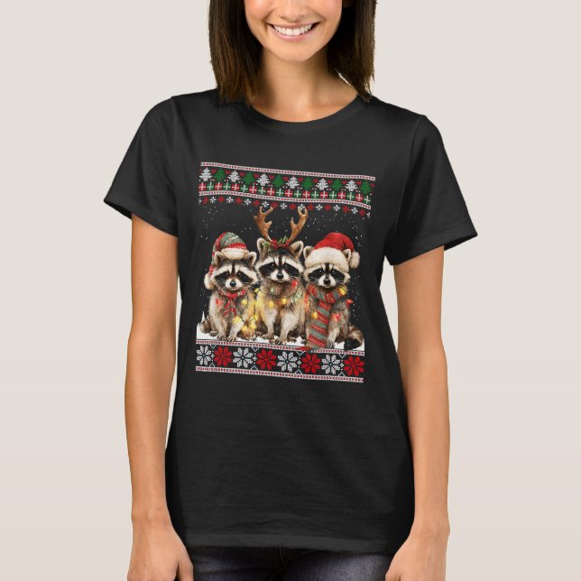 Cute Raccoon Santa Christmas Lights Ugly Xmas Swea T Shirt (Framsida)