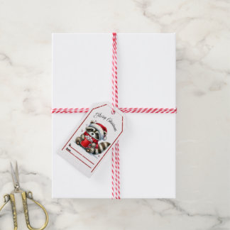 Cute raccoon som njuter av kakao och jul! presentetikett