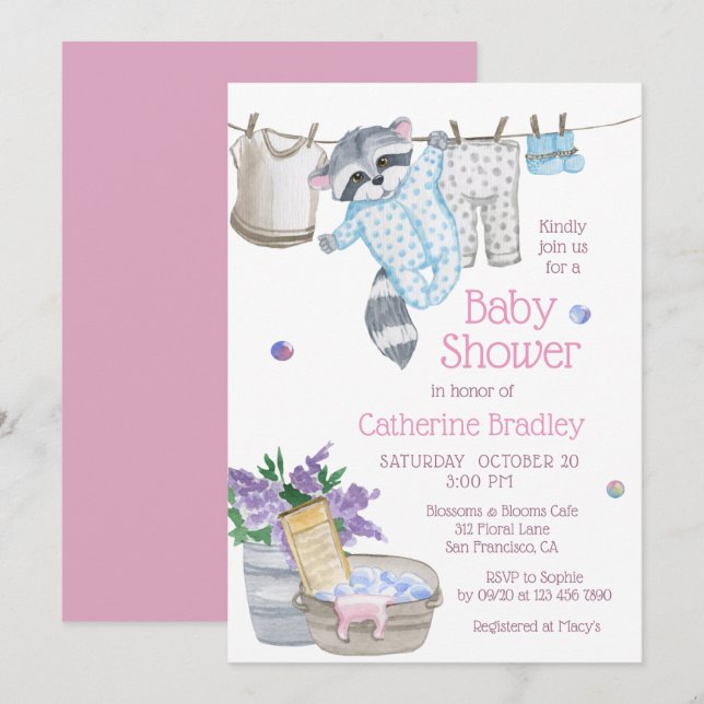 Cute Raccoon Tvättar dagskorgen för vattenfärg, ba Inbjudningar (Fram/baksida)