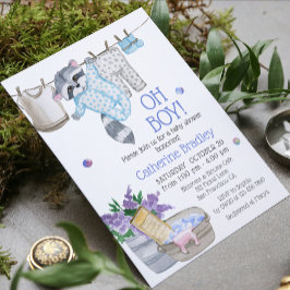 Cute Raccoon Tvättar Day Boy Watercolor Baby Showe Inbjudningar