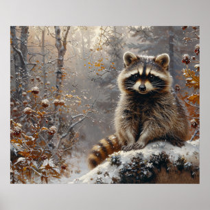 Cute Raccoon under vinter-Oljemålningen Poster