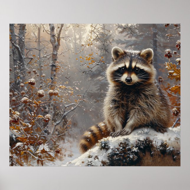 Cute Raccoon under vinter-Oljemålningen Poster (Framsidan)