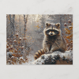 Cute Raccoon under vinter-Oljemålningen Vykort