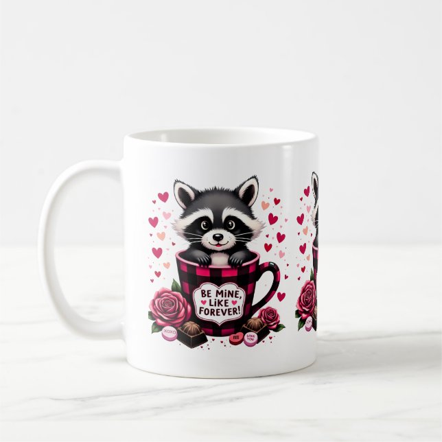 Cute Raccoon Valentine Buffalo Play Aesthetic Kaffemugg (Vänster)
