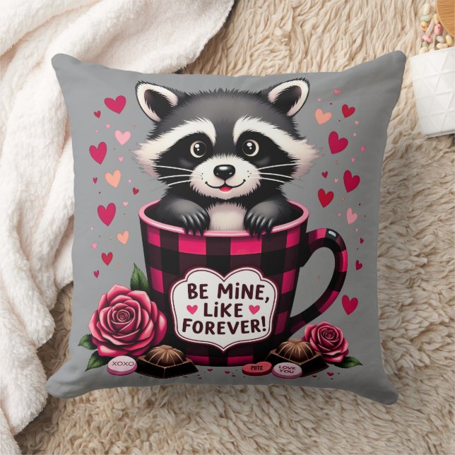 Cute Raccoon Valentine Buffalo Play Aesthetic Kudde (Filt)