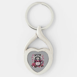 Cute Raccoon Valentine Buffalo Play Aesthetic Twisted Heart Silverfärgad Nyckelring