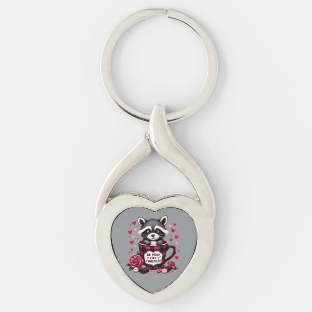 Cute Raccoon Valentine Buffalo Play Aesthetic Twisted Heart Silverfärgad Nyckelring (Framsidan)