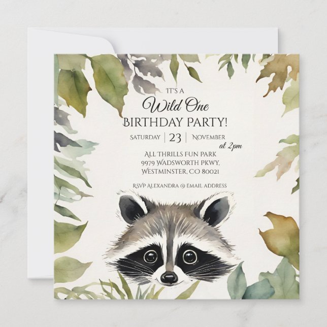 Cute Raccoon Vild 1:a födelsedag Party Inbjudningar (Framsida)