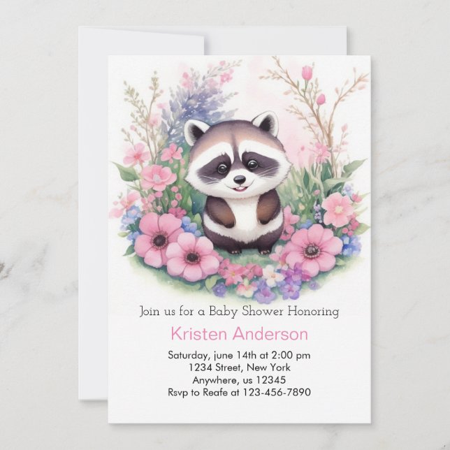 Cute Raccoon Watercolor Rosa Girl Baby Shower Inbjudningar (Framsida)