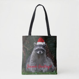Cute Raccoon Wearing Red Santa Hat Helgdag Tygkasse