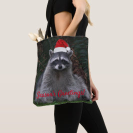 Cute Raccoon Wearing Red Santa Hat Helgdag Tygkasse