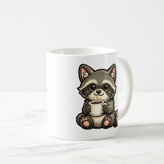 Cute Raccoon with Coffee – Cozy Kawaii Animal Kaffemugg (Framsida höger)