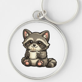 Cute Raccoon with Coffee – Cozy Kawaii Animal Rund Silverfärgad Nyckelring