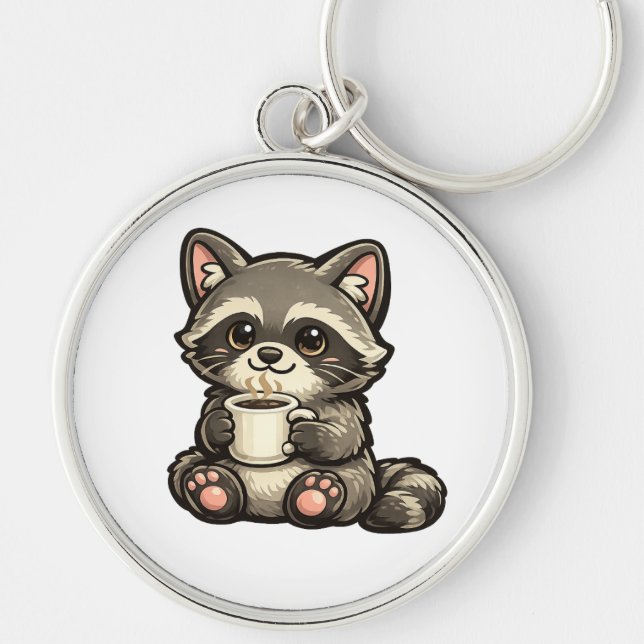 Cute Raccoon with Coffee – Cozy Kawaii Animal Rund Silverfärgad Nyckelring (Framsidan)