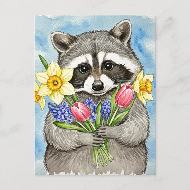 Cute Raccoon with Spring Flowers Postcard Helg Vykort (Framsida)