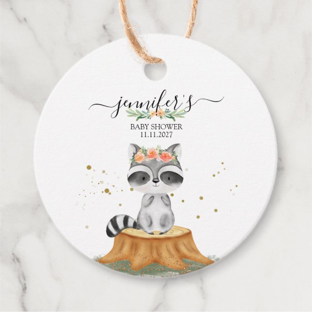 Cute Raccoon Woodland Baby Party Gåvor Etiketter (Framsida)