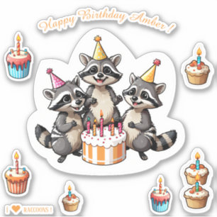 Cute Raccoons Grattis på födelsedagen Personlig Klistermärken