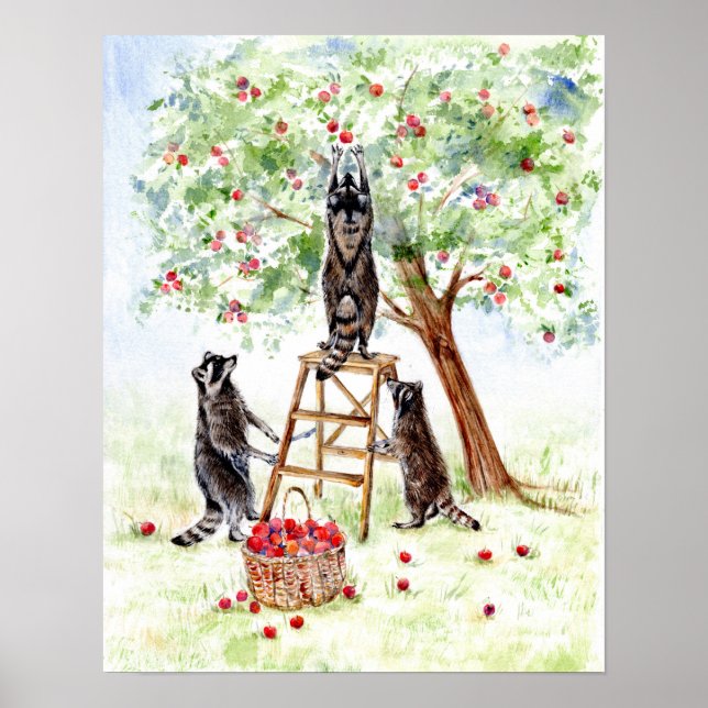 Cute Raccoons in Apple Orchard Poster (Framsidan)
