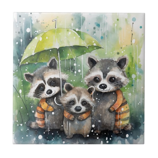 Cute Raccoons in the Rain Kakelplatta (Framsidan)