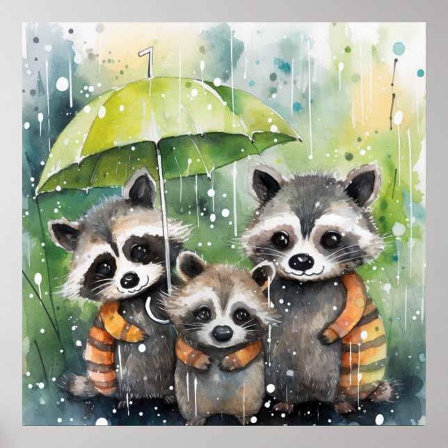 Cute Raccoons in the Rain Poster (Framsidan)