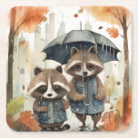 Cute Raccoons in the Rain Underlägg Papper Kvadrat<br><div class="desc">Cute Raccoons in the Rain holding an umbrella</div>