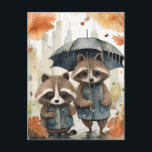 Cute Raccoons in the Rain Vykort<br><div class="desc">Cute Raccoons in the Rain holding an umbrella</div>