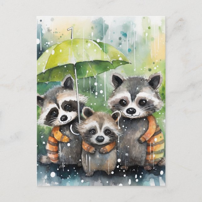 Cute Raccoons in the Rain Vykort (Framsida)