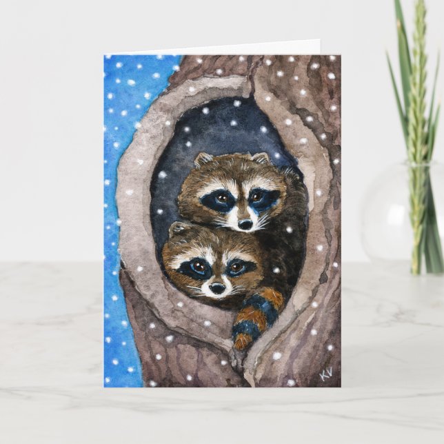 Cute Raccoons snö-vinterkort Helgkort (Framsida)
