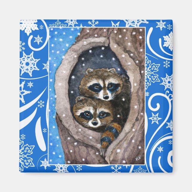 Cute raccoons, snö, vinternaturen vid jul magnet (Framsidan)