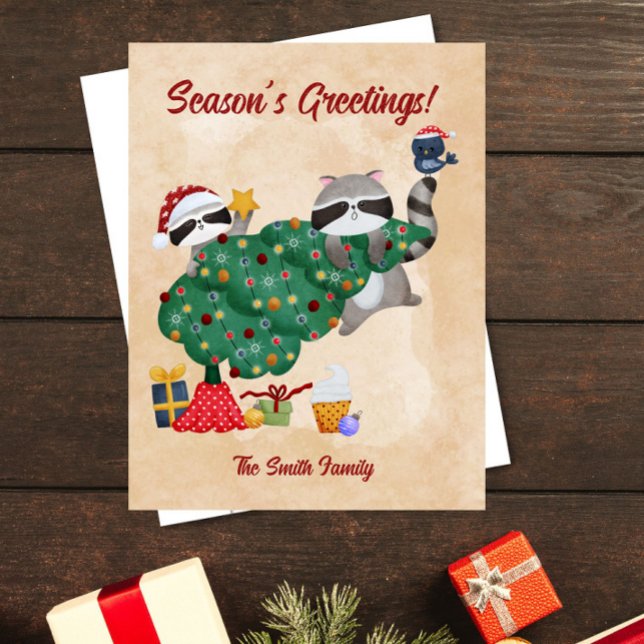 Cute Raccoons Watercolor jul Helg Vykort (Skapare uppladdad)