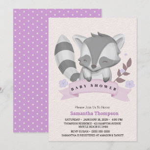 Cute Racoon Girls Lila Baby Shower Inbjudningar