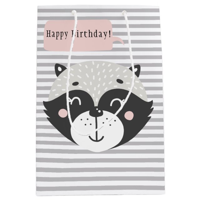 Cute Racoon Grått Stripe Kids Birthday Gift Bag (Framsidan)