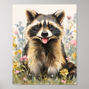 Cute Racoon in Wildblommor - Watercolor Animal Wal Poster