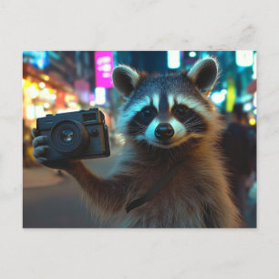 Cute Racoon med kamera i en stor stad Vykort