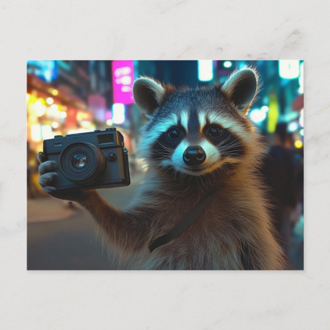 Cute Racoon med kamera i en stor stad Vykort (Framsida)